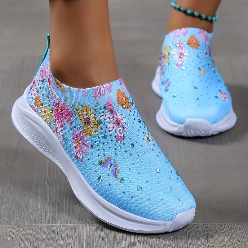 Solid Color Mesh Running Shoes, Women's Rhinestone Decor Flower Pattern Soft Thick Breathable Flying Woven Lightweight Comfortable Slip on Athletic